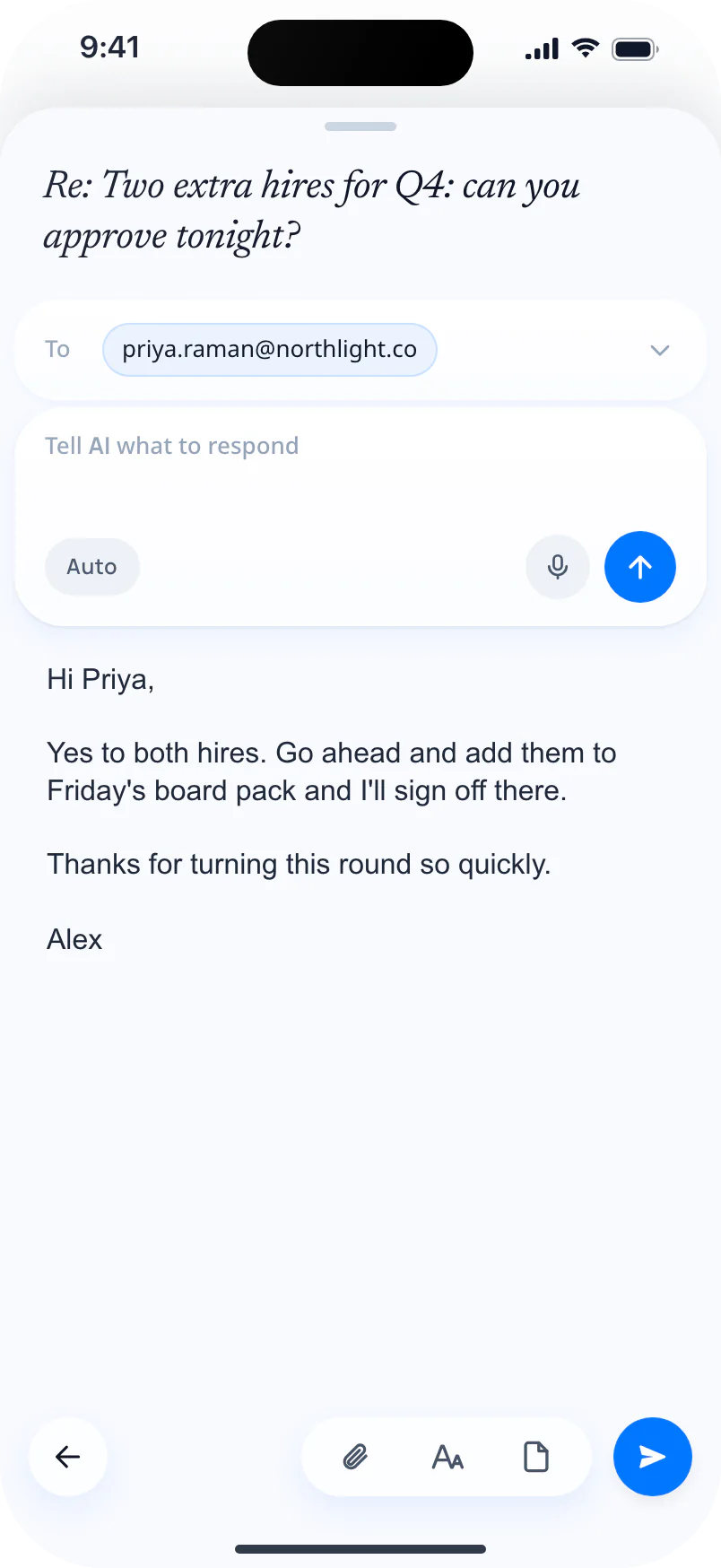 The Swizero reply sheet with an AI draft to Priya, a field to tell the AI what to say, Auto and a microphone