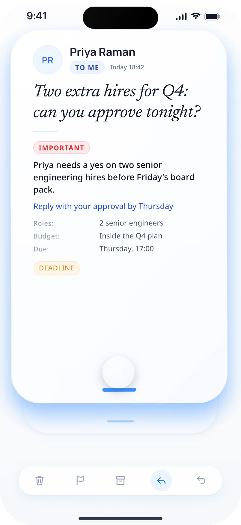 A Swizero email card lifted mid-swipe, on its way up to a reply