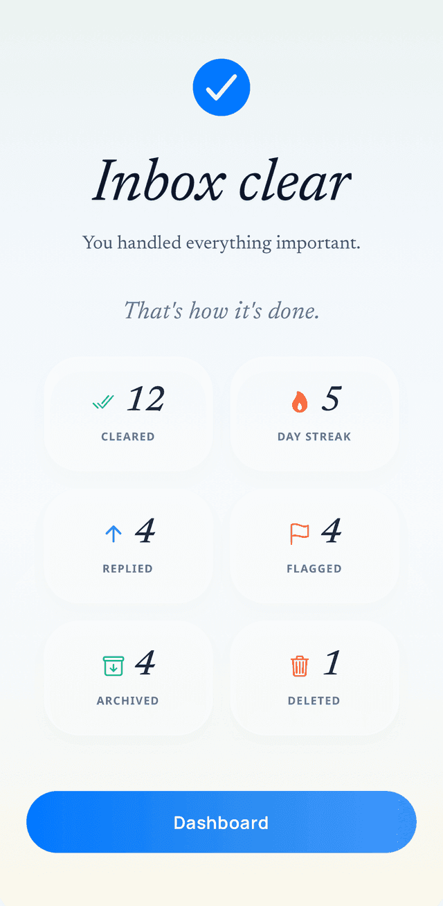 Swizero inbox clear completion screen with session stats