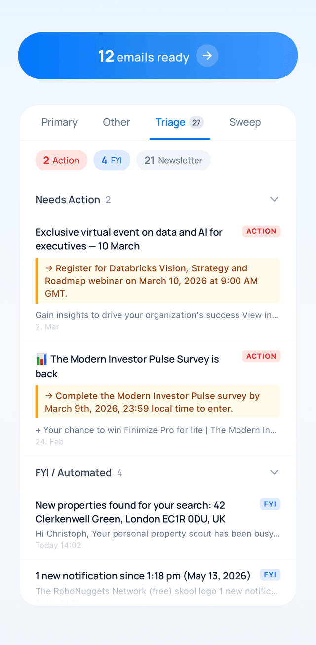 Swizero triage screen with emails ranked into Action, FYI, and Newsletter