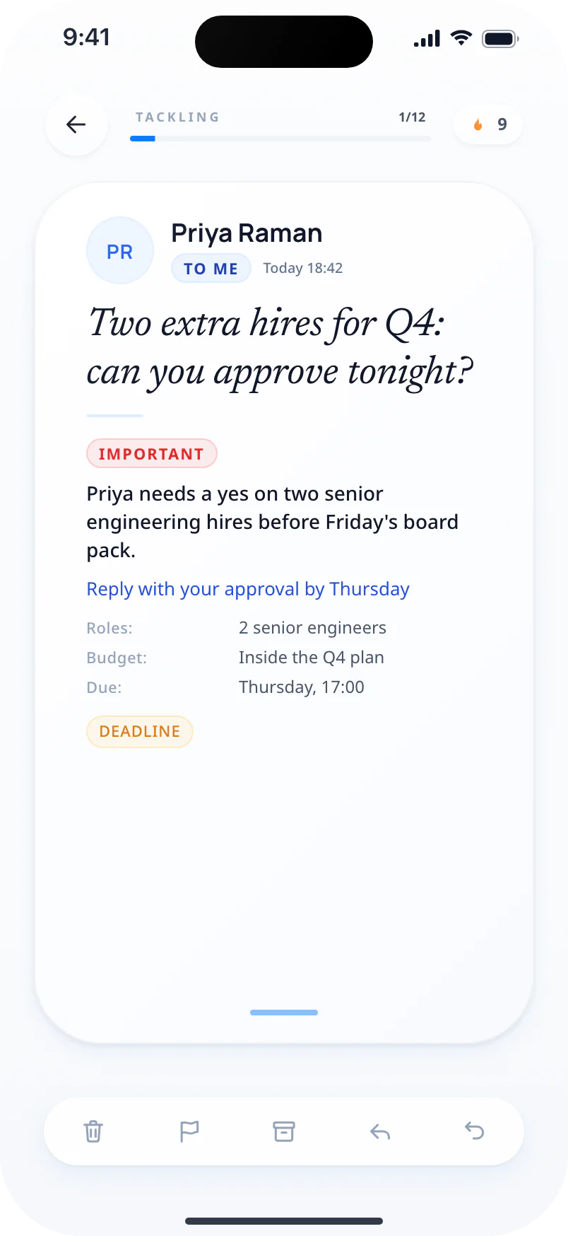 Swizero card view: an AI summary of one email, with the ask and deadline pulled out and the four swipe actions below.